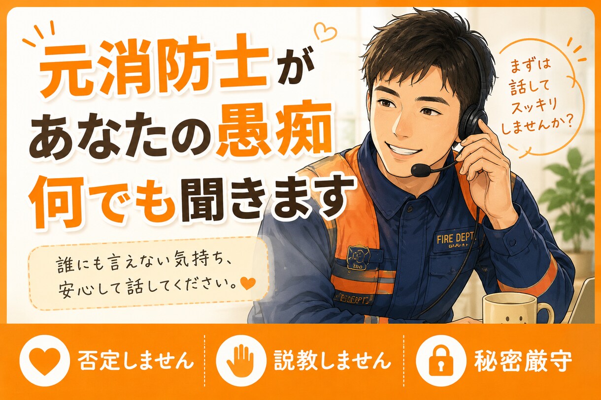 元消防士があなたの愚痴や悩みを何でも聞きますます 否定も説教もしません。誰にも言えない本音を聞きます イメージ1