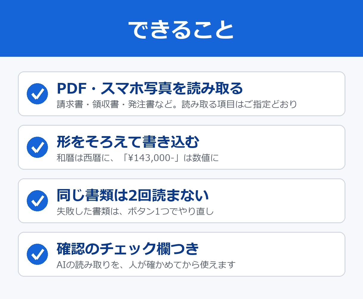 請求書・領収書PDFをAIでスプシに自動転記します スマホで撮った書類もOK。設定済みで納品・月額料金なし イメージ2