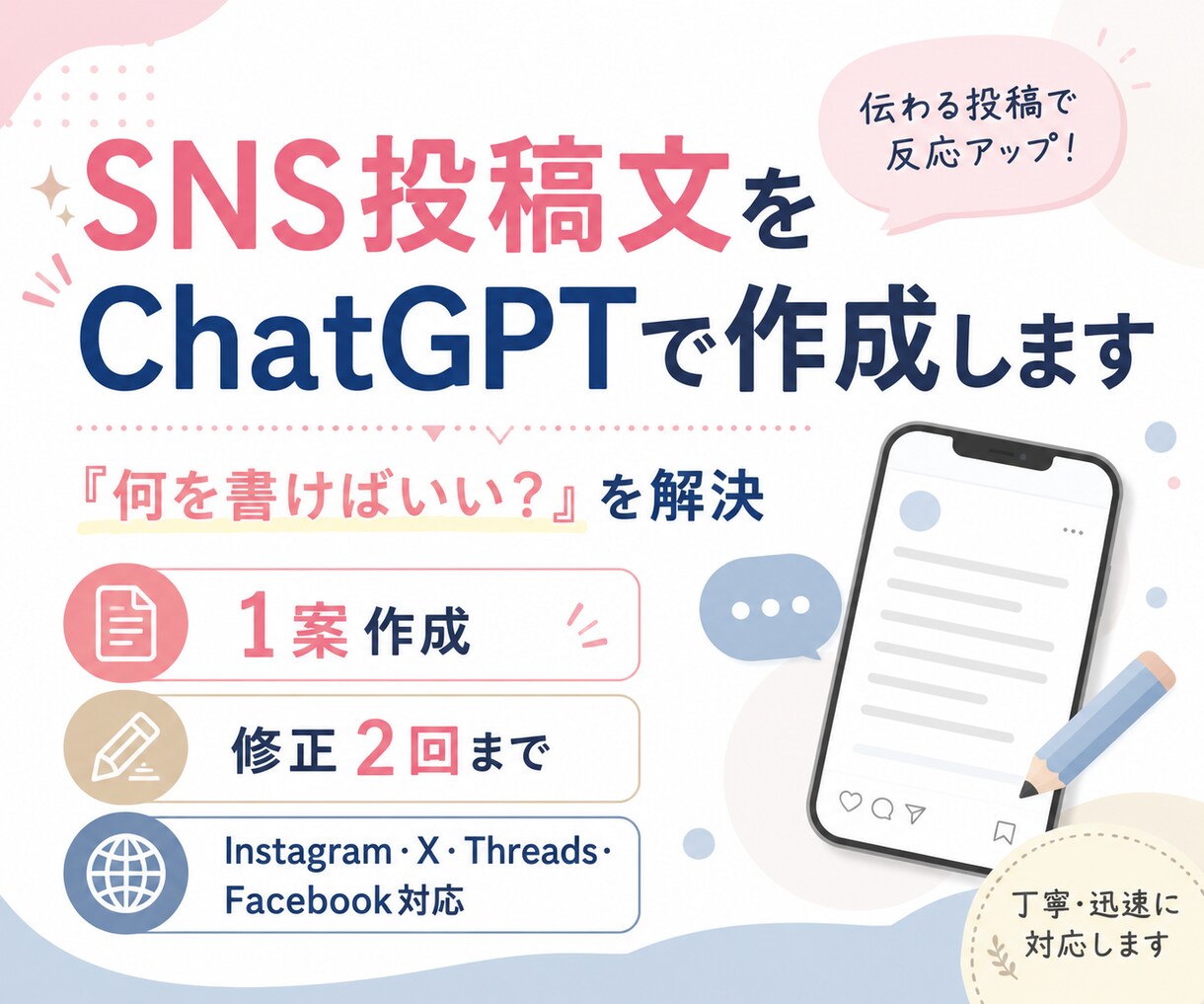 SNS投稿文をChatGPTで作成します 「何を書けばいい？」を解決。読みやすい投稿文を作成します イメージ1