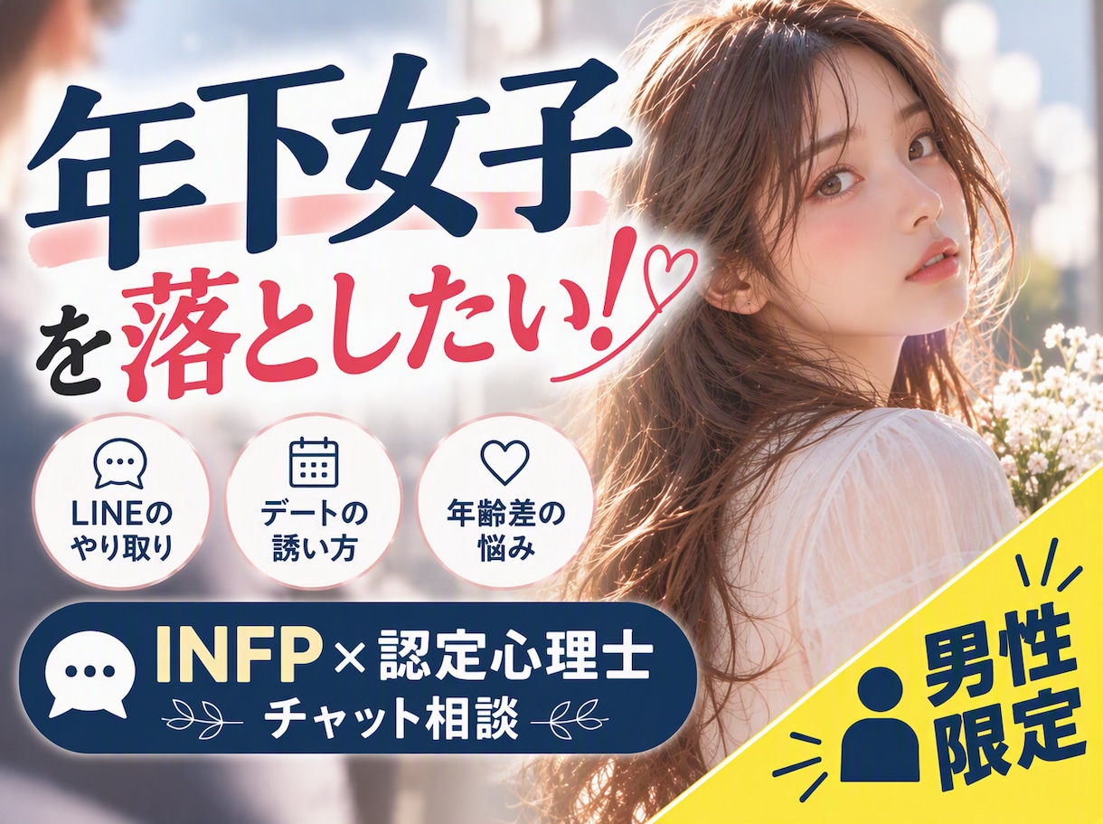 年下女性と距離を縮めたい男性の恋愛相談に乗ります 文字にてご相談。24時間以内に3往復します イメージ1