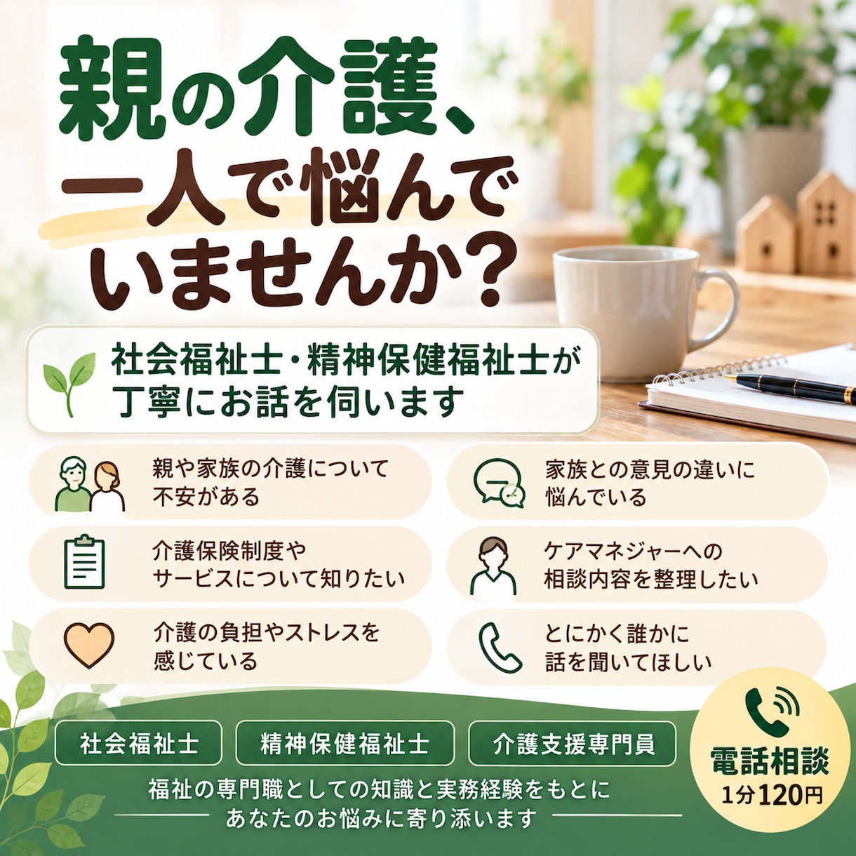 親の介護や家族のお悩みを専門職がお聞きします 社会福祉士・精神保健福祉士が介護のお悩みを伺います イメージ1