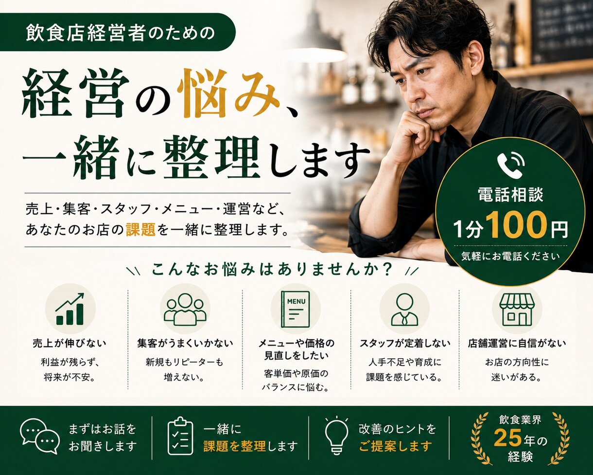 飲食店経営の悩みを一緒に整理します 飲食店の現場経験25年から具体策を考えます イメージ1