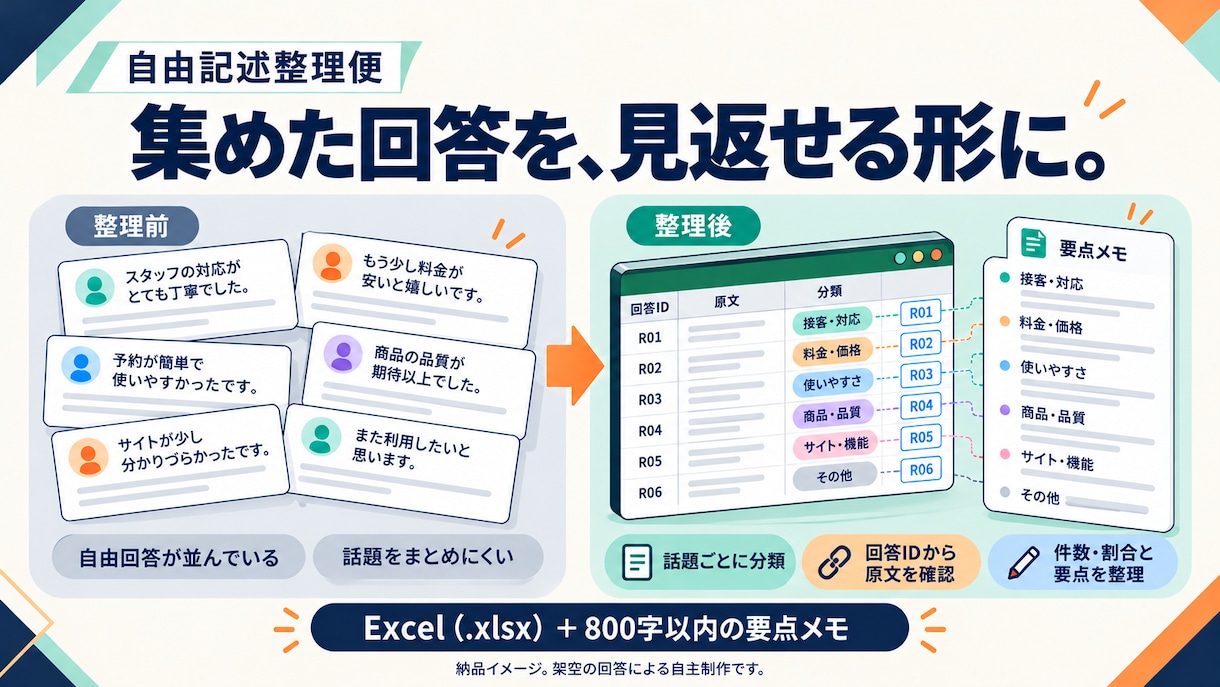 アンケートの自由記述を分類・集計します 原文と回答IDを残し、意見を見返せるExcelに イメージ3