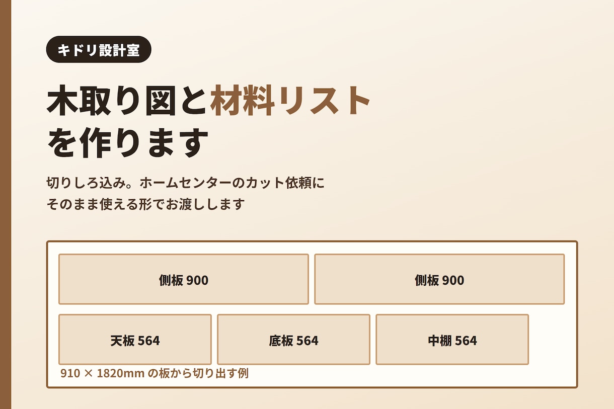 手持ちの寸法から木取り図と材料リストを作ります 「何枚買えばいい？」が分かる。カット依頼にそのまま使えます イメージ1