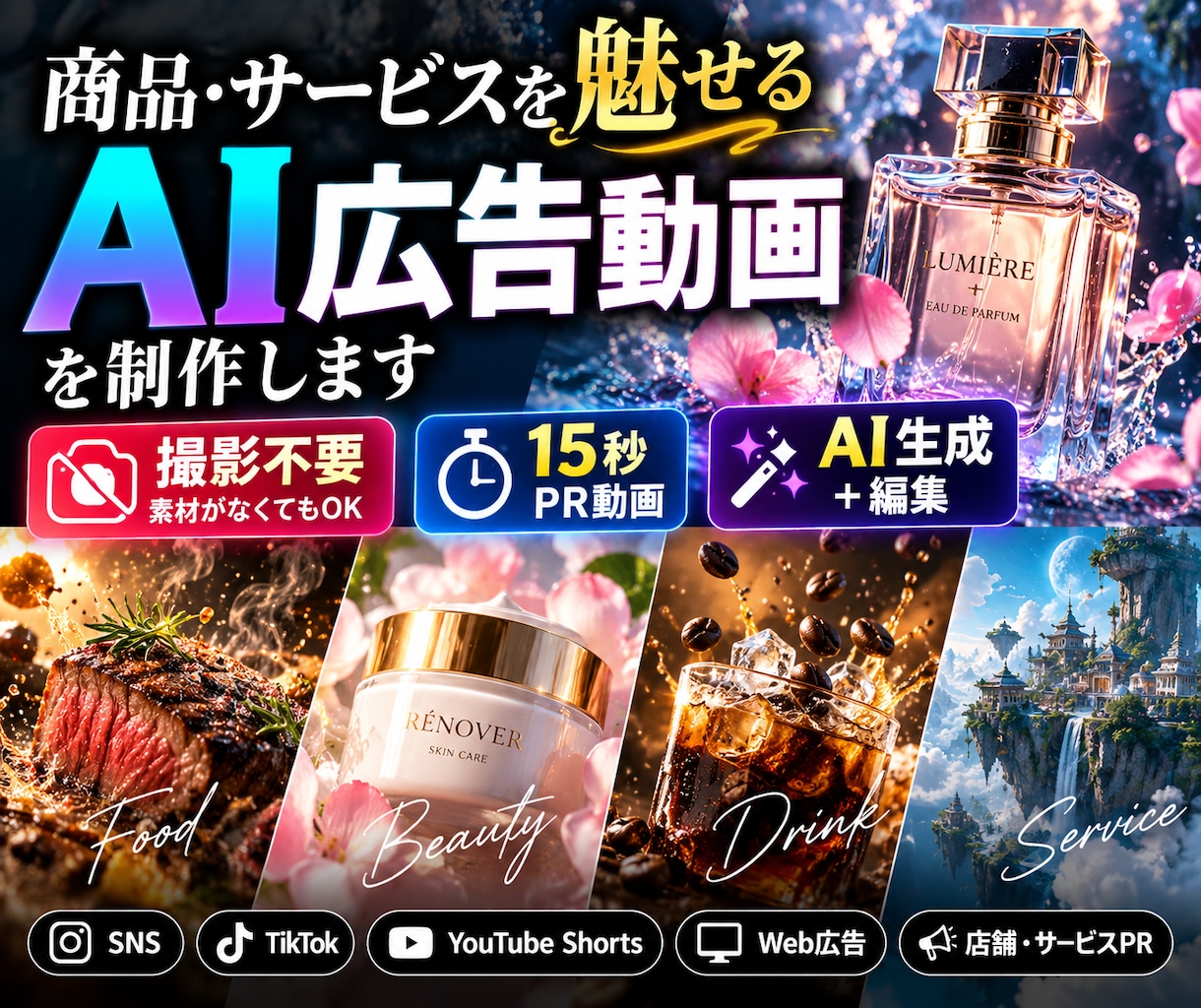 商品・サービスを魅せるAI広告動画を制作します 撮影不要｜AI映像×編集で15秒の商品PR・SNS広告を制作 イメージ1