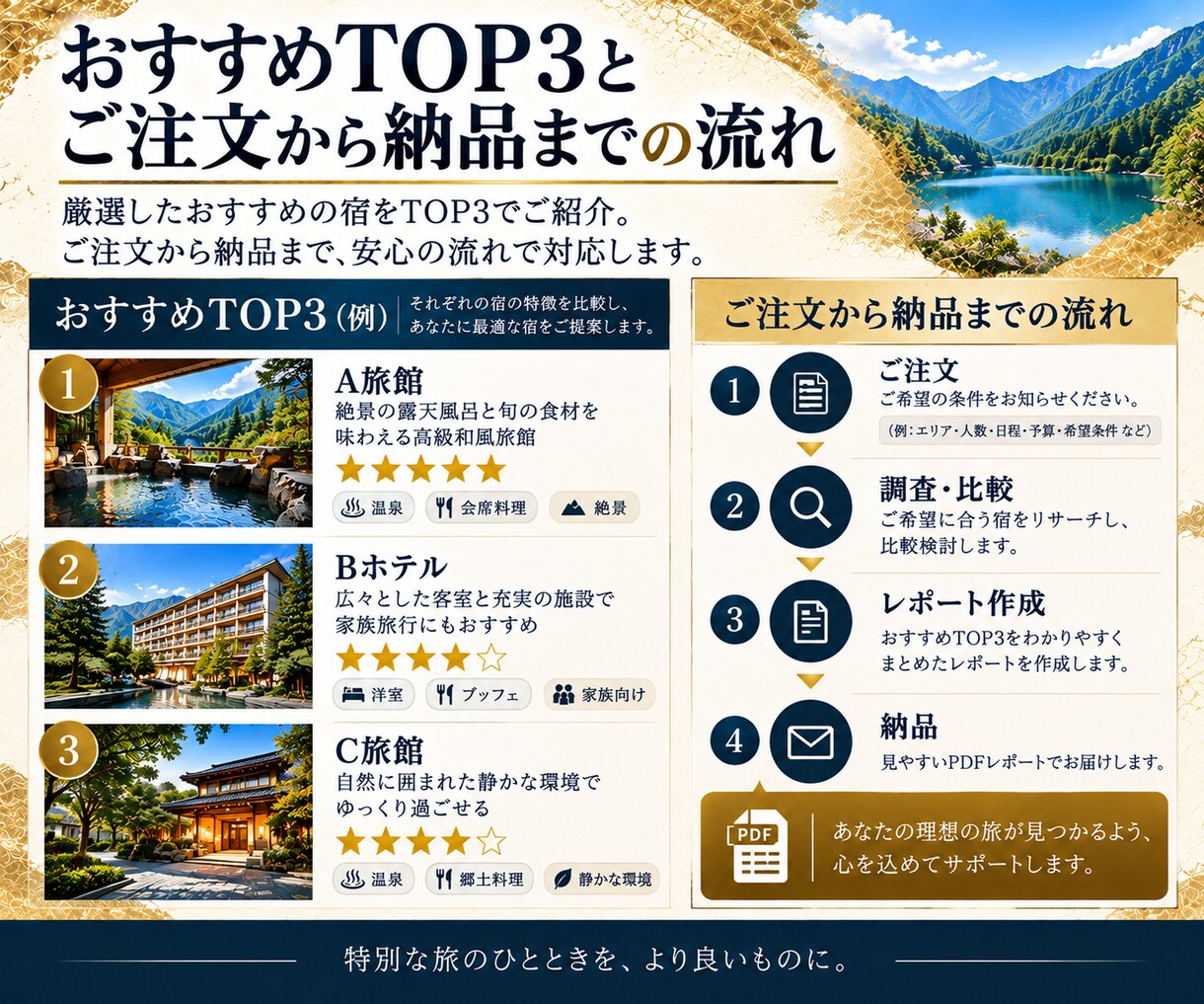 条件に合うホテル・旅館を徹底リサーチ＆比較します 温泉・料理・料金まで徹底調査！ホテル・旅館を比較します イメージ5