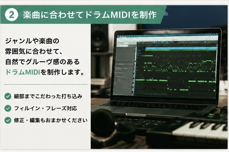 ドラムのMIDIデータ納品､RECを行います 現役プロドラマーがジャンル幅広く対応！ イメージ2
