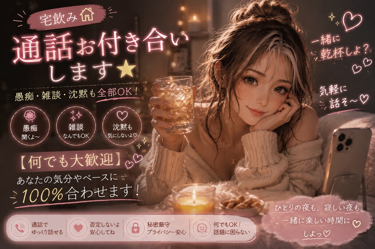 気軽に飲み通話！とことんお付き合いします 愚痴・雑談・沈黙も全部OK！全てあなたの気分やペースで♪ イメージ1