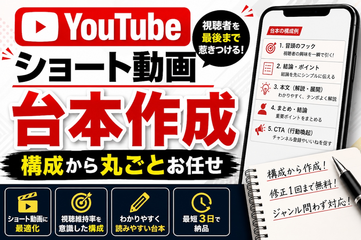 YouTube・ショート動画の台本を作成しますます 視聴者を惹きつける構成から台本まで作成 イメージ1