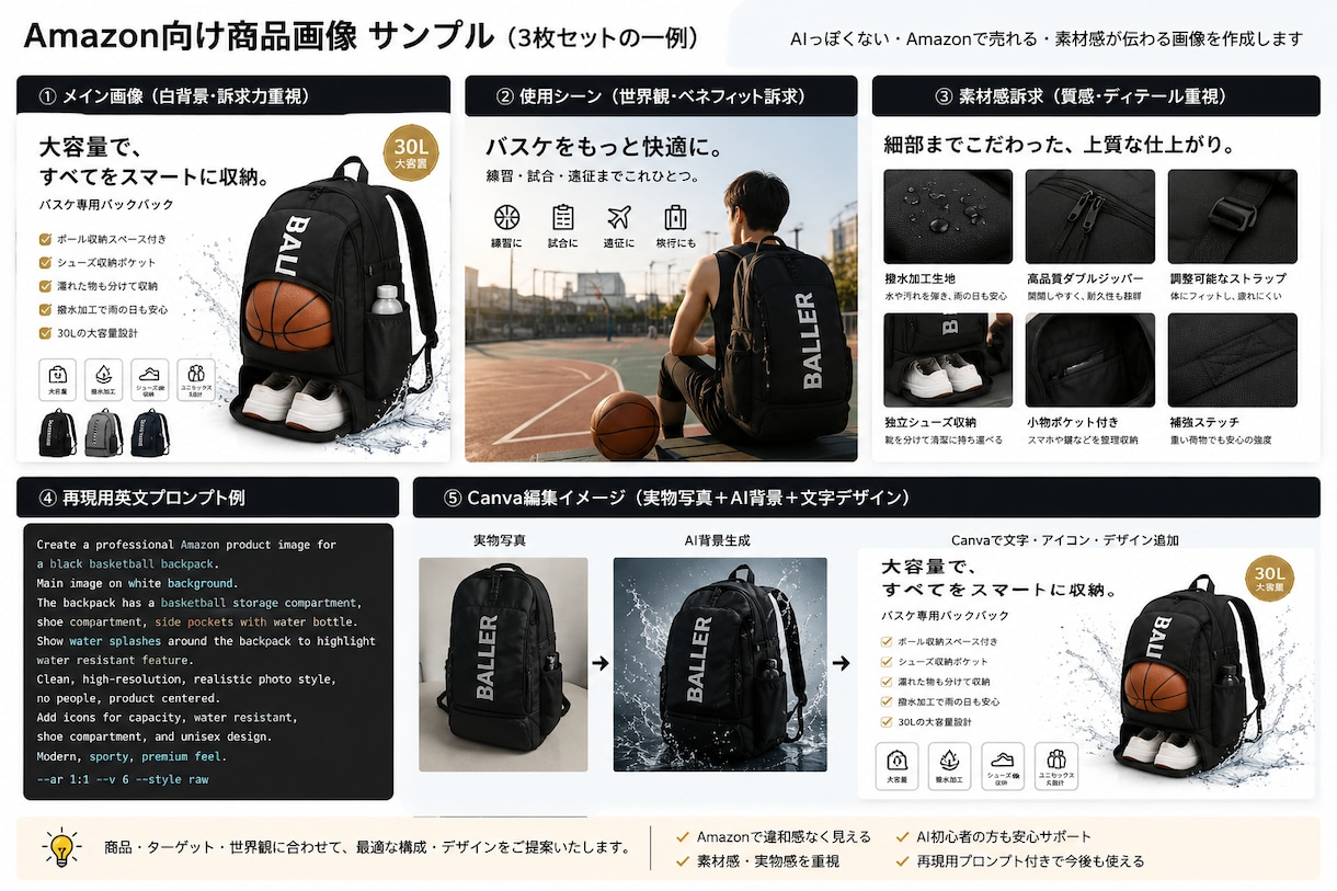 Amazon向けAI商品画像を作成します 物販者目線で世界観・素材感を設計 AI＋Canvaで再現可能 イメージ1
