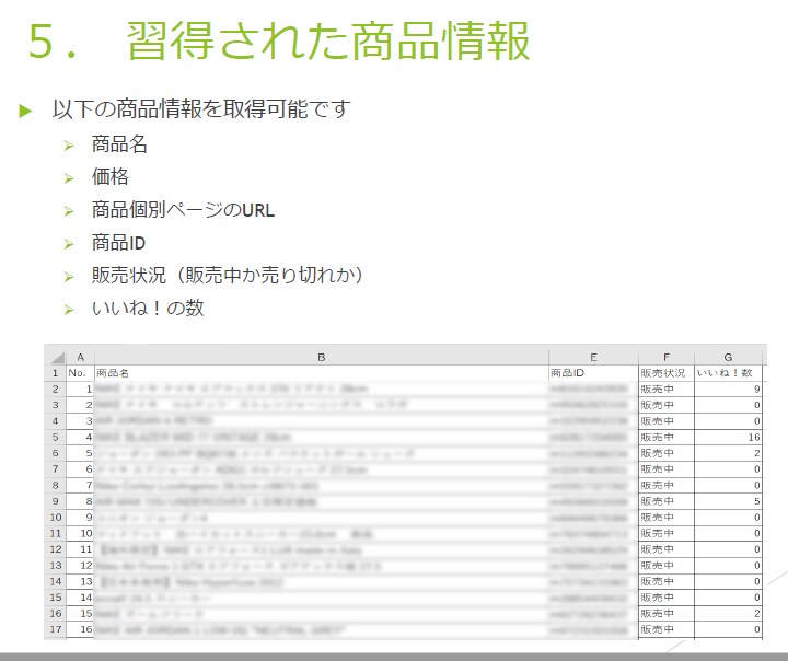 メルカリ商品情報エクセル化ソフト高速版提供します 速度重視でメルカリ商品情報をエクセル化。無償でサンプル御提供 イメージ7