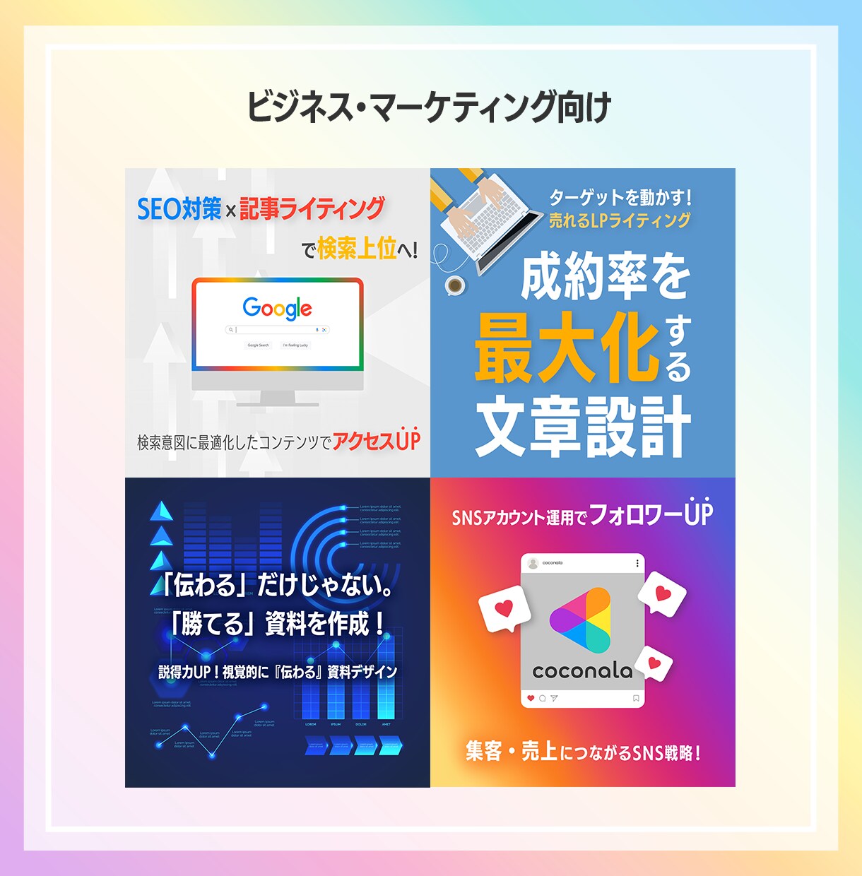 ココナラで選ばれる！目を引くサムネを作成します ココナラサムネ100件の分析をデザインに活かして作成します イメージ2