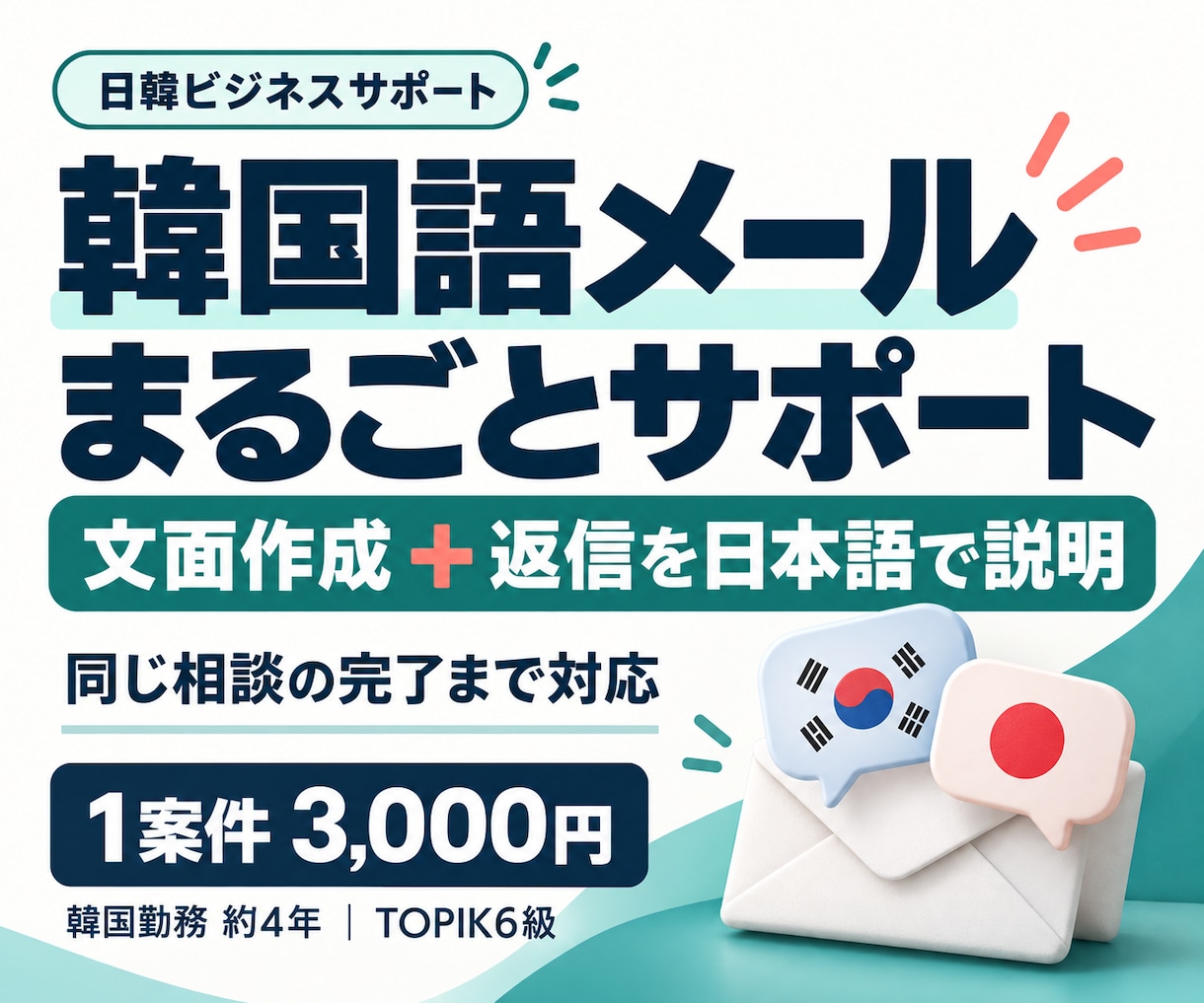 韓国語メールを作成し返信も日本語で説明します 同じ会社・同じ相談のやり取りが終わるまで対応 イメージ1
