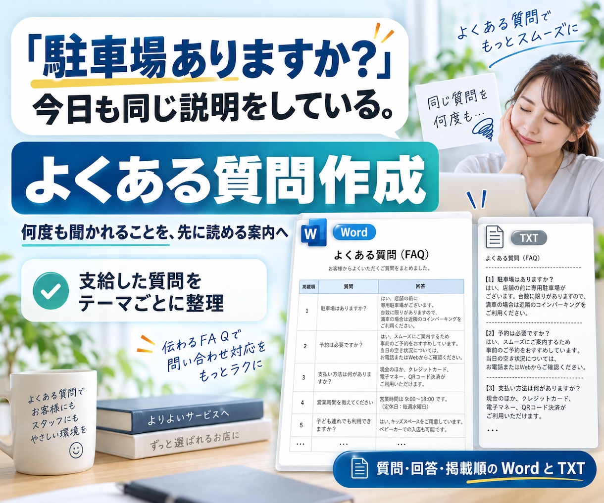 お店のよくある質問と回答を整えます 何度も聞かれることを、先に読める案内へ イメージ1
