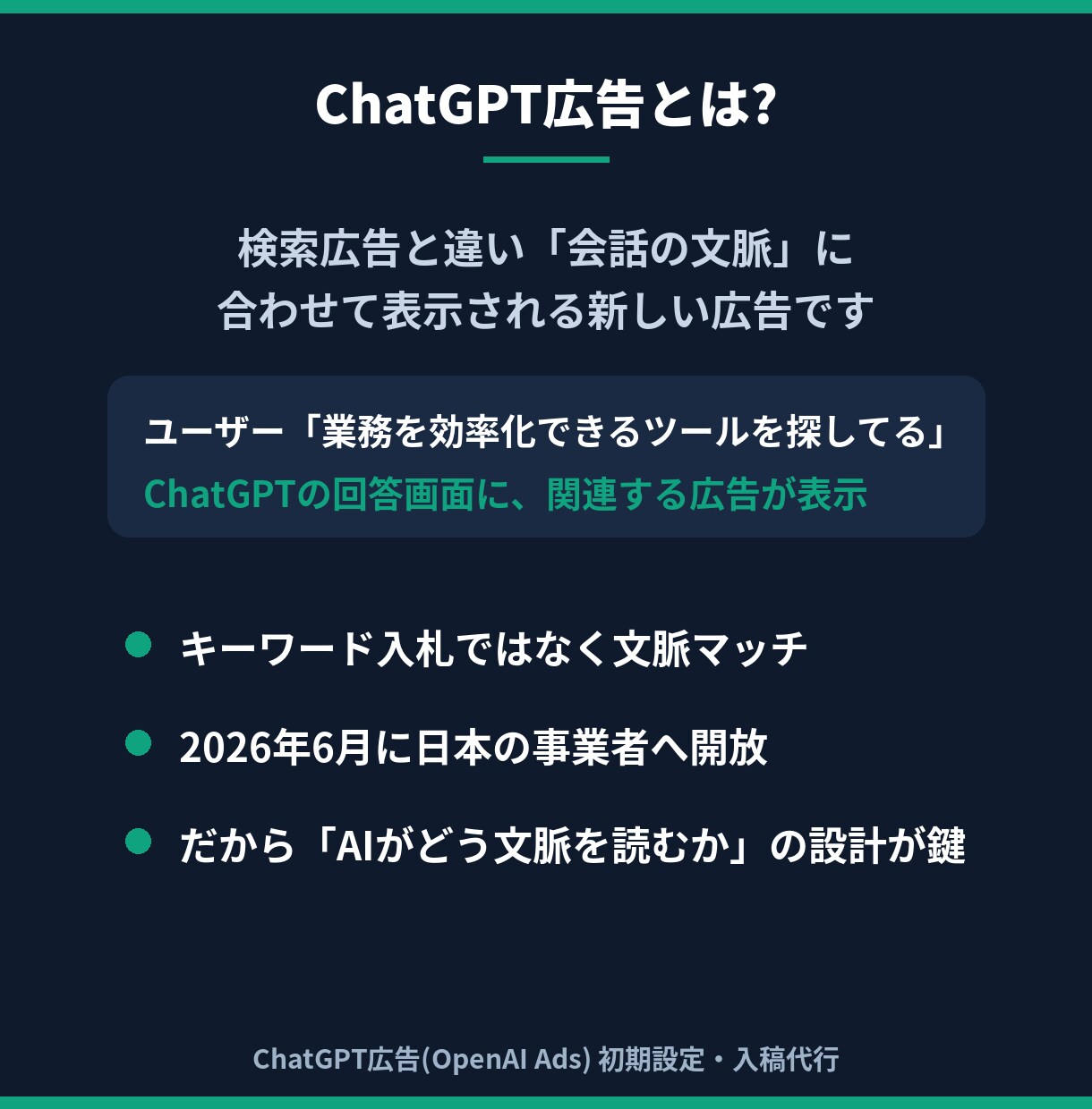 ChatGPT広告の初期設定・入稿を代行します 日本開放直後の新広告枠。広告出身×AI開発者が設定します イメージ2