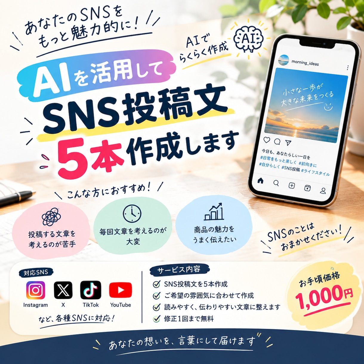 AIを活用してSNS投稿文を5本作成します SNSの文章作りをAIでサポートします イメージ1