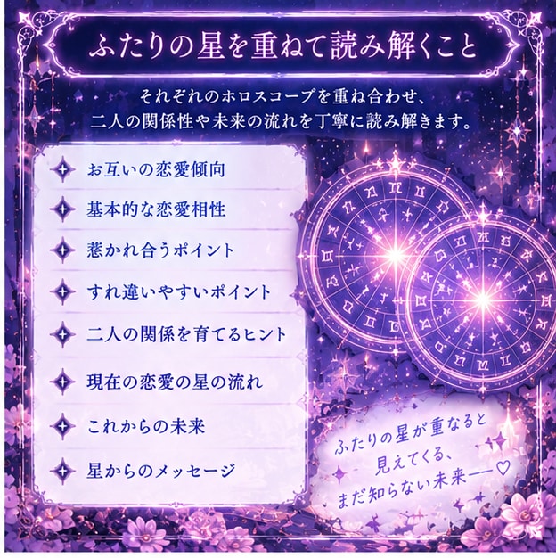 好きな人との恋愛相性と未来を星から読み解きます ふたりの星を重ねて、恋の未来を覗いてみませんか？ イメージ2