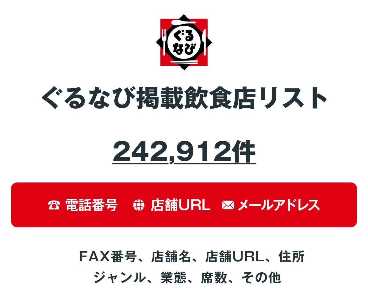 ぐるなび掲載飲食店リストを即納します 242,912件｜営業法人データ 電話・メール・HP情報含む イメージ1