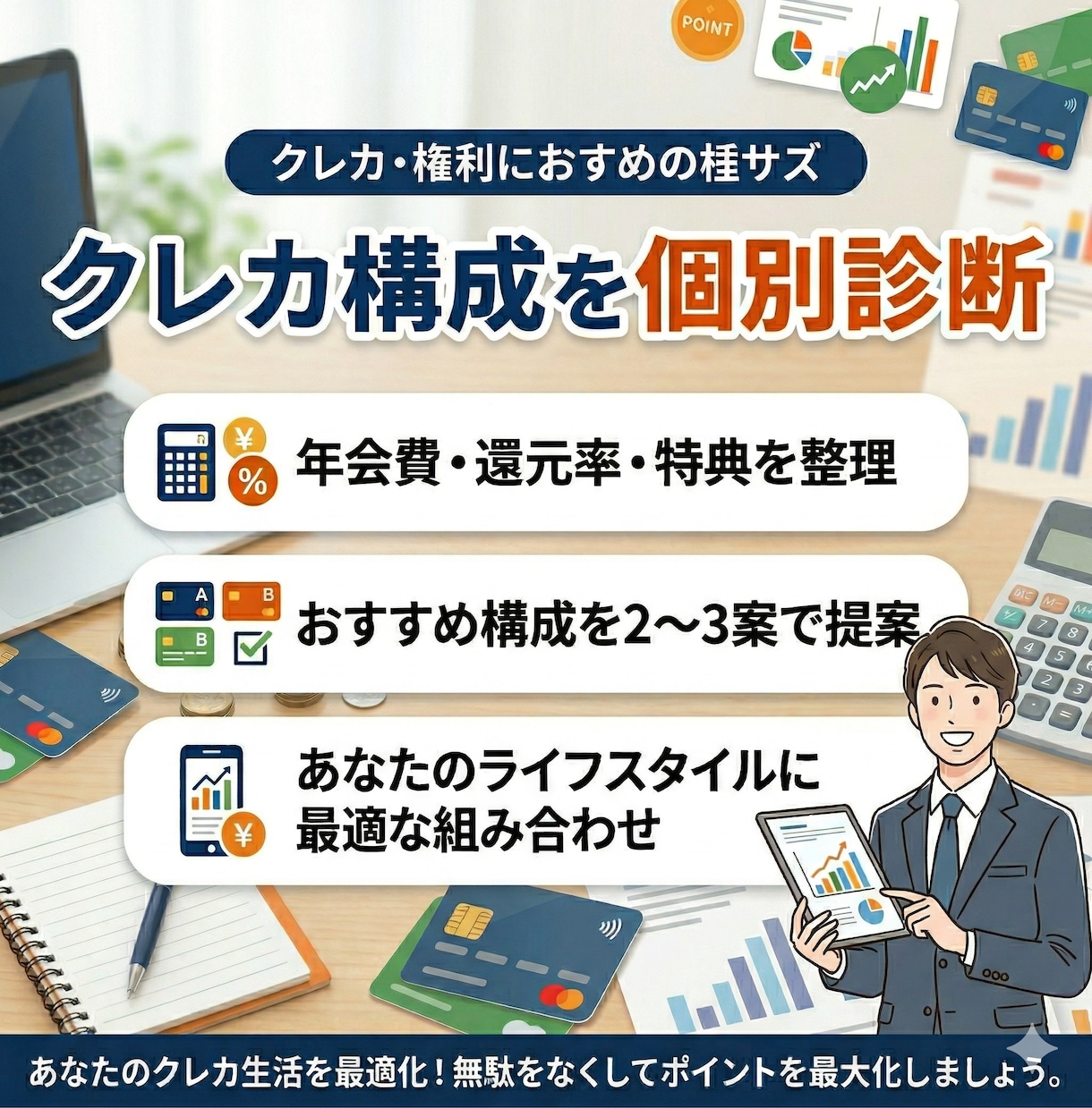 年間決済額に合わせてクレカ構成を個別診断します 還元率・年会費・特典を徹底比較します イメージ1