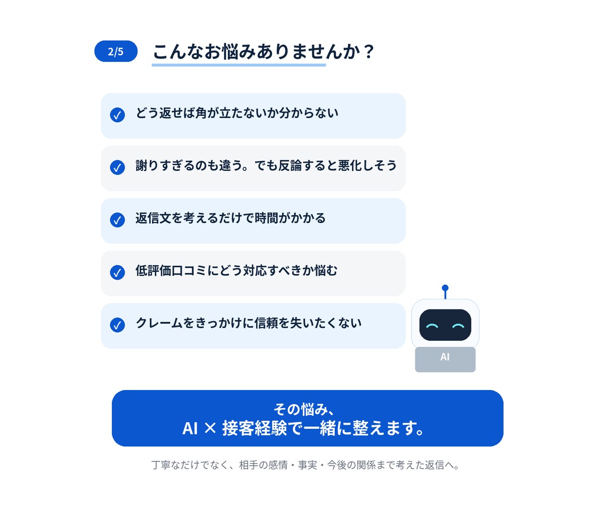 クレーム・低評価口コミへの返信文を丁寧に作成します 接客経験を活かし、角を立てず誠実に伝わる返信文を作成します イメージ2