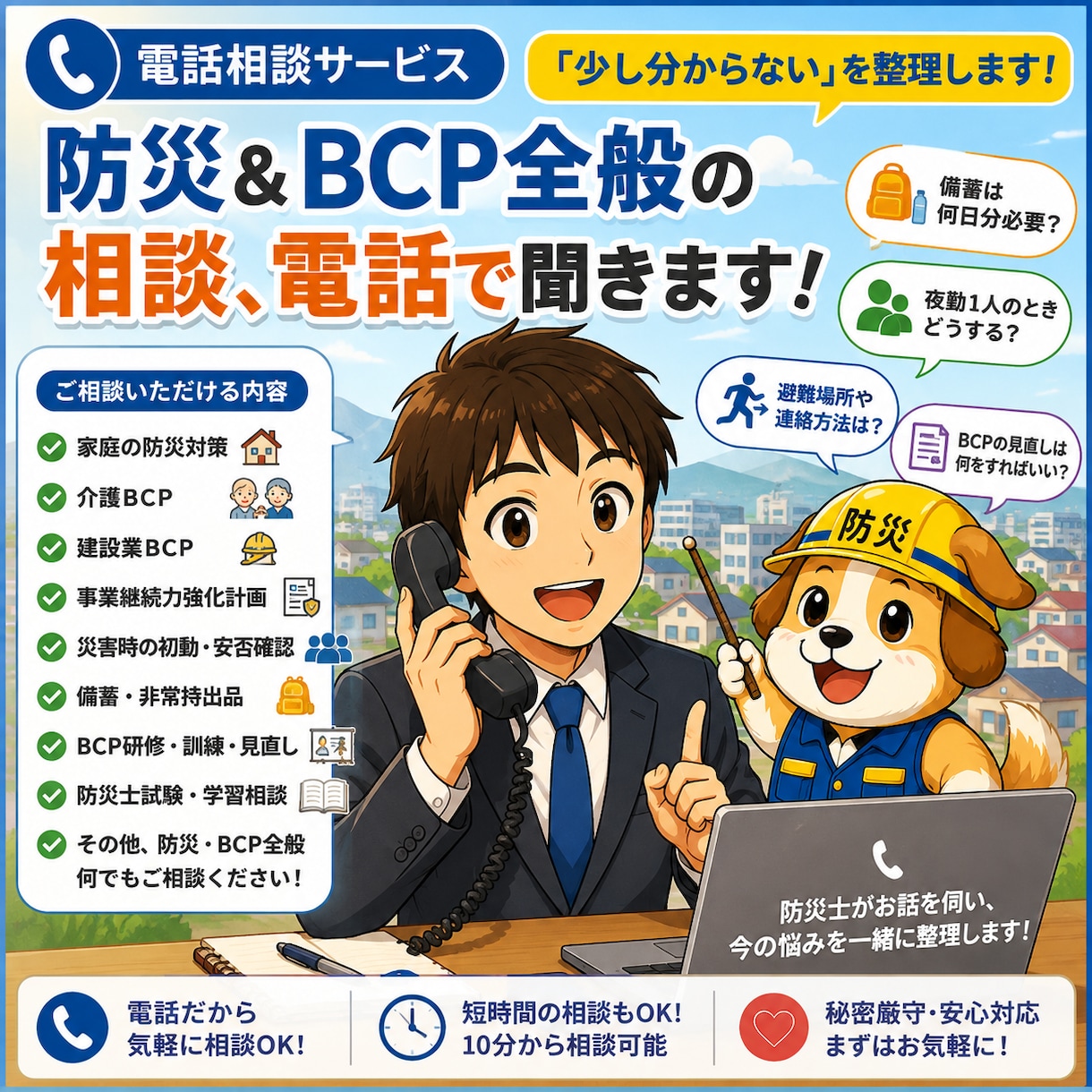 防災・BCPの悩みを電話で気軽に相談できます 「少し聞きたい」を防災士が一緒に整理し イメージ1