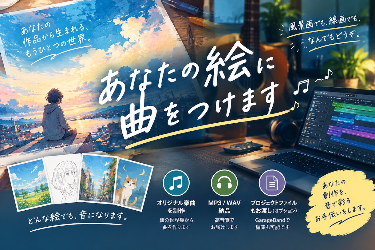あなたの絵に、オリジナルの音楽をつけます 風景画、イラスト、線画、抽象画、キャラ絵、落書き、写真など イメージ1
