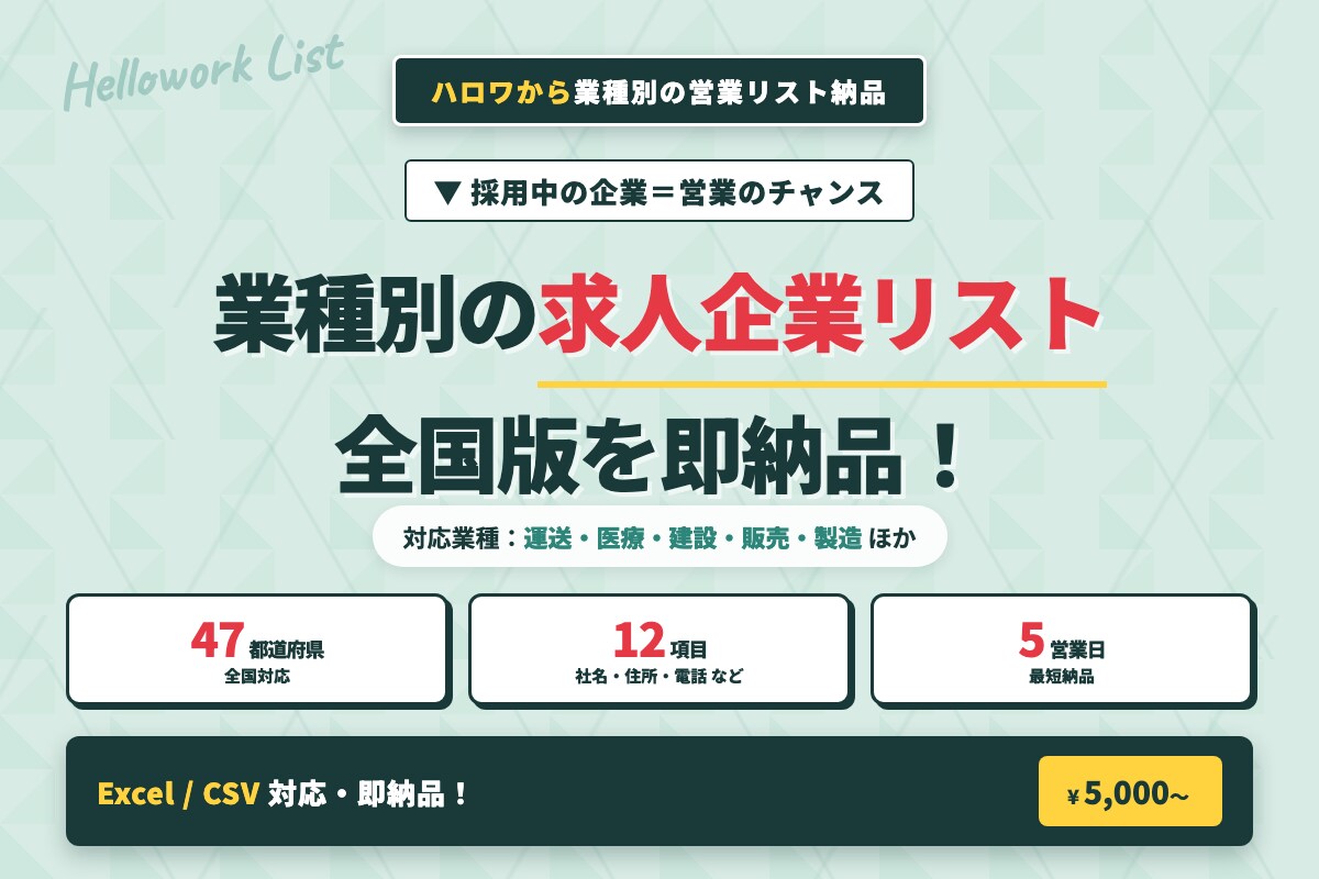 ハロワから業種別の求人企業リストを納品します 業種選択可！ハロワ採用中企業の全国リストを即納品 イメージ1