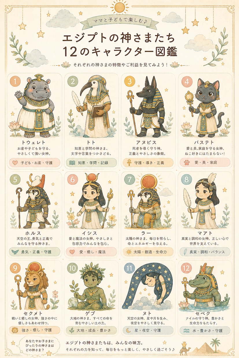 エジプト神話占いで親子の相性占えます 12の神様の中からあなたとお子さんの守護神を導き出します イメージ1