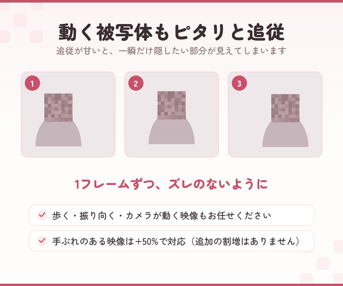 動きの速い被写体もモザイク加工します 実績1000本超｜審査を見据えた丁寧なモザイク・ぼかし加工 イメージ4