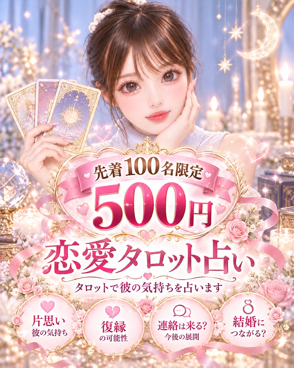 期間限定500円でお悩みに寄り添って占います 片思い・復縁・複雑な恋愛のお悩みに、タロットで占いします イメージ1