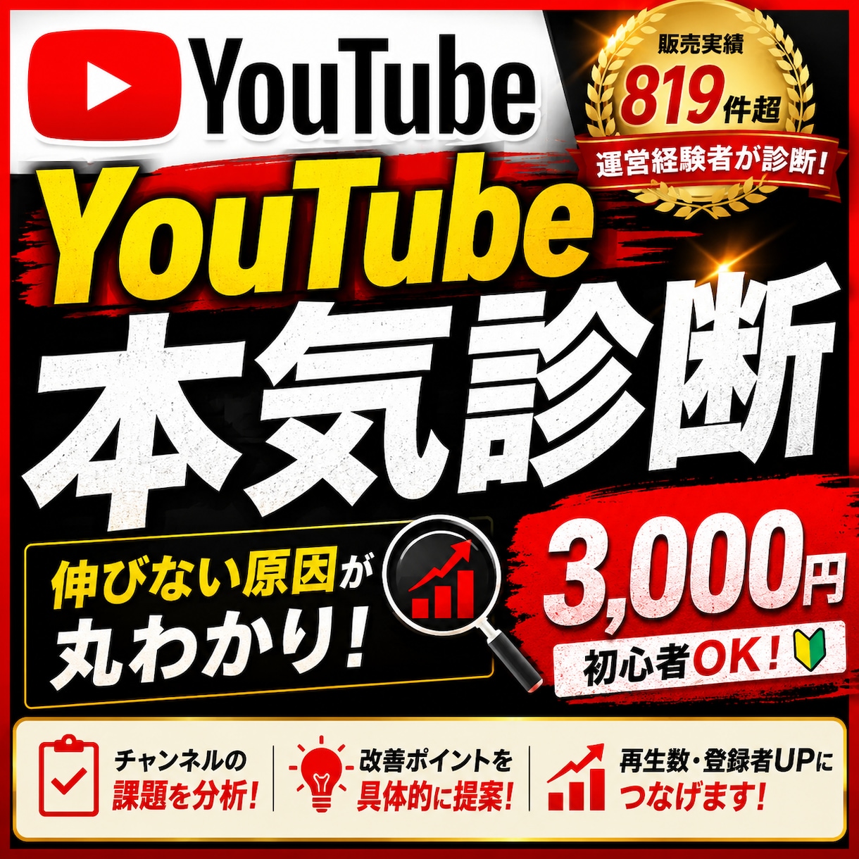 YouTube登録者が増えない原因診断します 8チャンネル収益化経験者が改善点分析、伸び悩む原因見つけます イメージ2