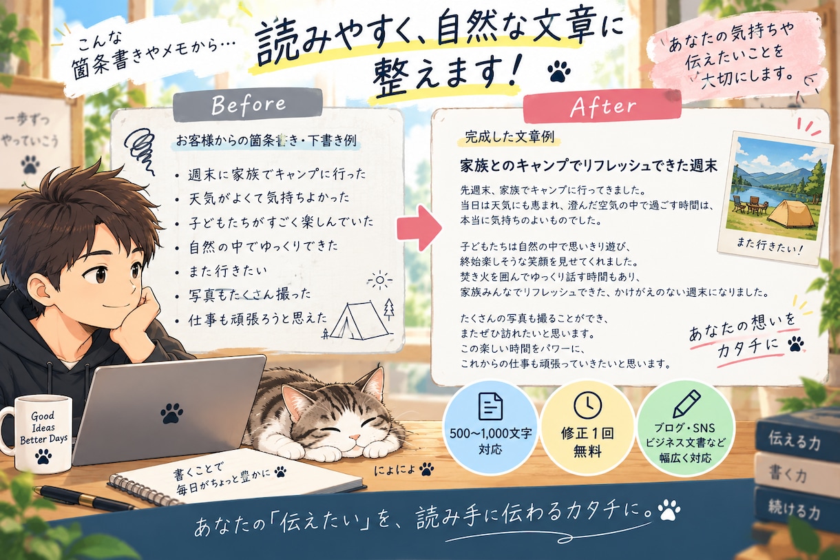箇条書きや下書きを読みやすい文章に整えますます メモを送るだけ。伝わる文章に丁寧に整えます イメージ2