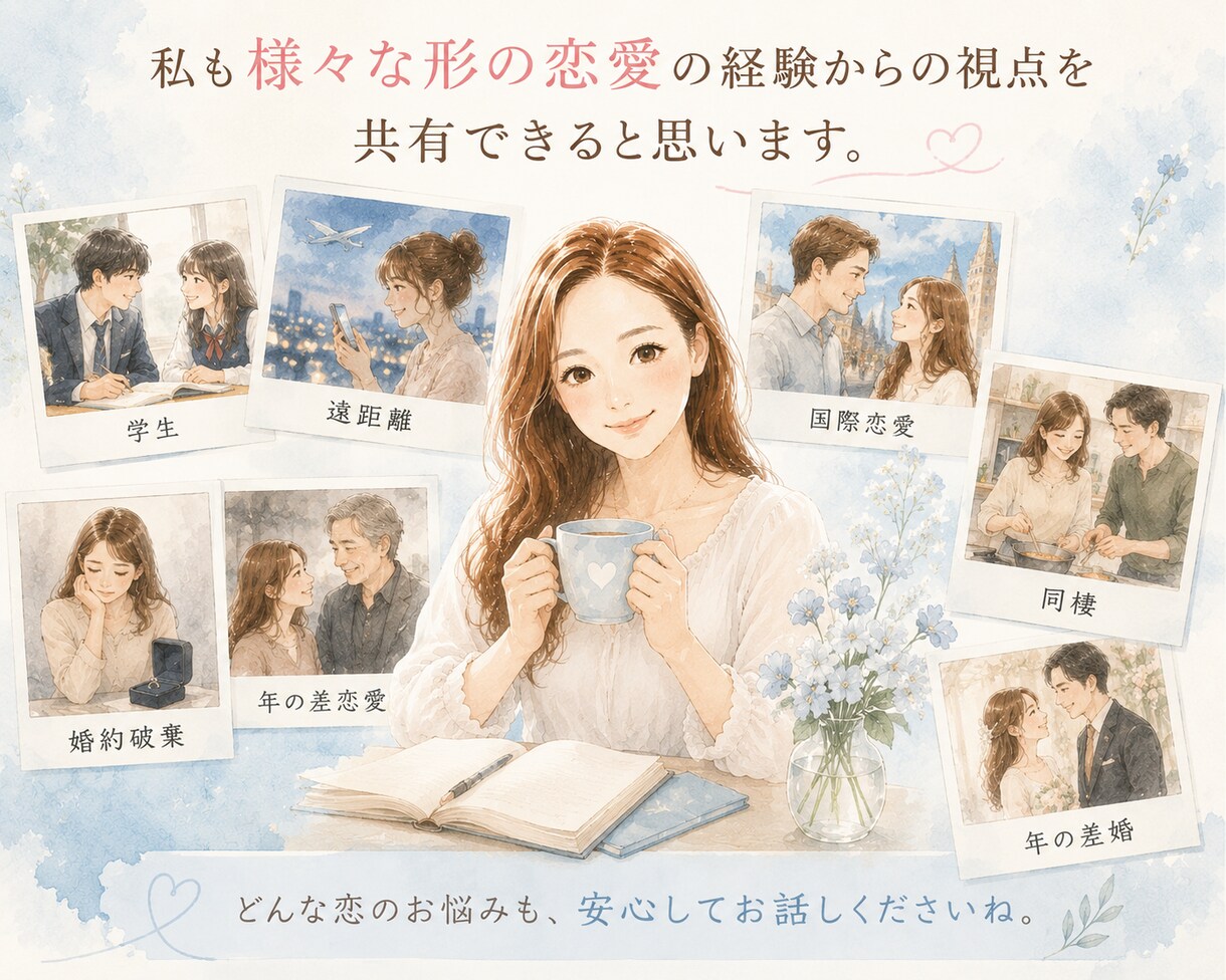 誰かに聞いてほしい恋愛の様々なお悩みお聞きします 身近な人に相談できないお悩み、なんでも聞きますよ。 イメージ2