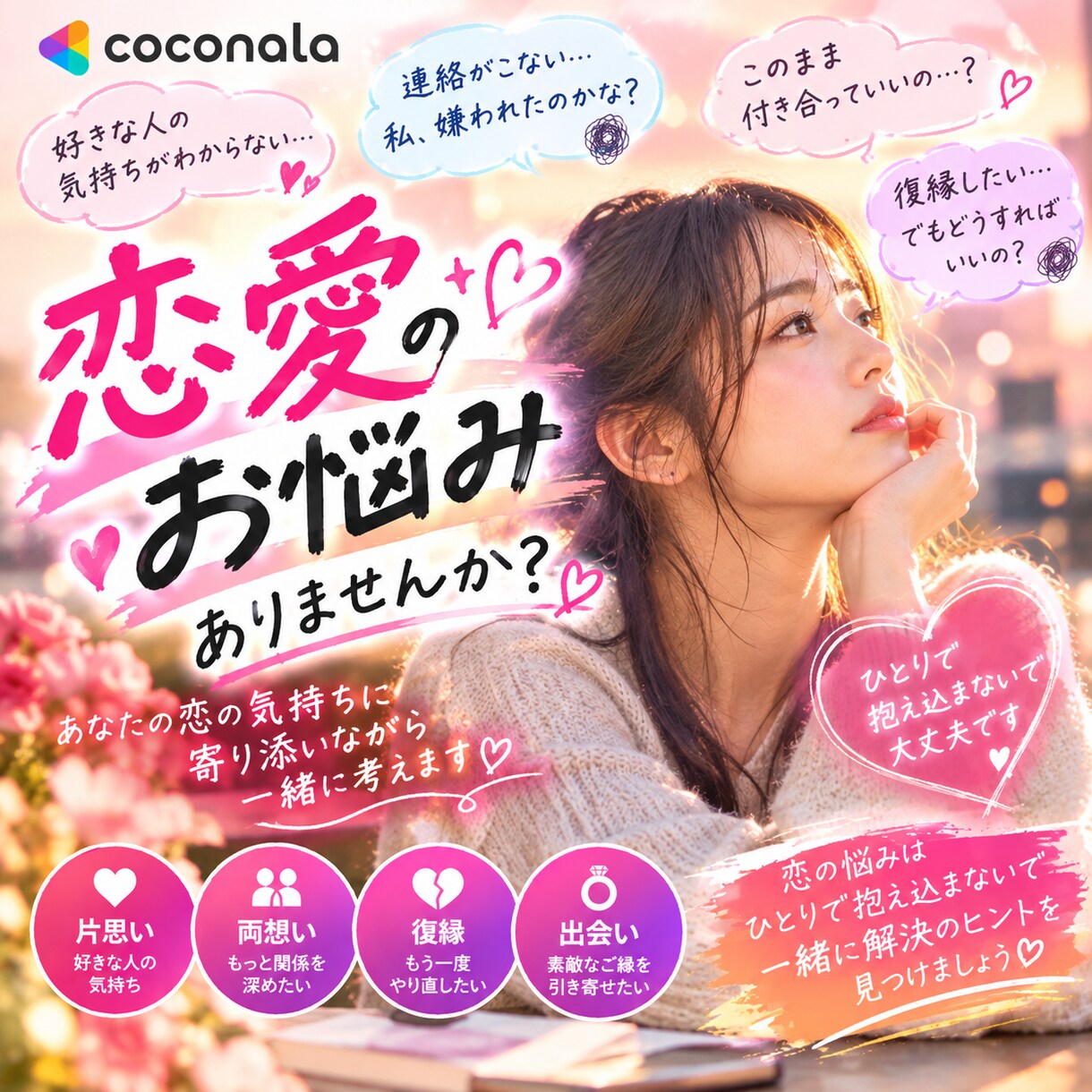 あなたの恋愛の悩み、否定せずに優しくお聞きします 片思い・復縁・恋人との悩みも、あなたの気持ちに寄り添います イメージ1