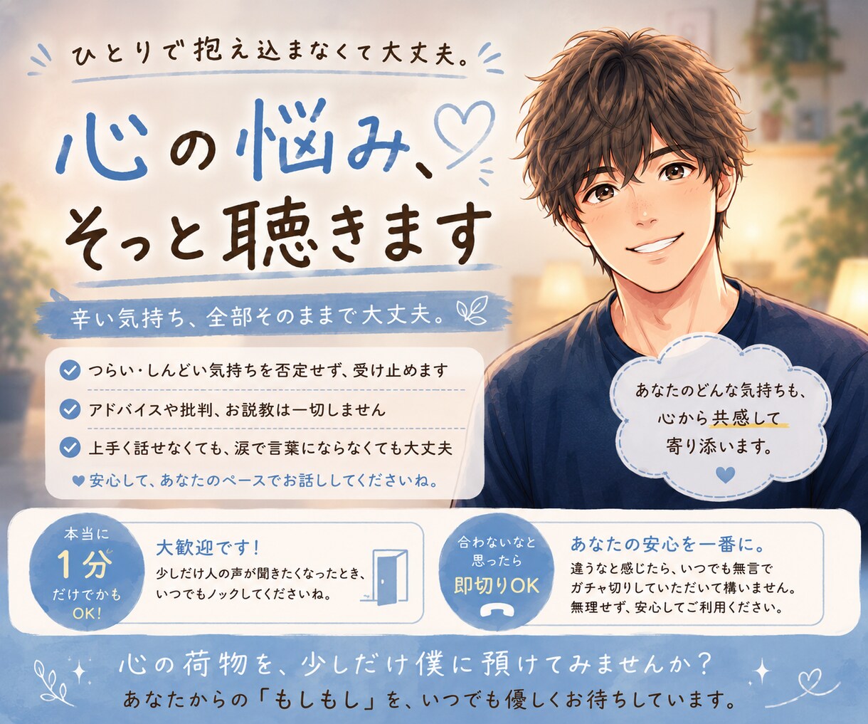 とにかく辛い。あなたの味方になって聴きます 1分だけでも即切りOK。心の荷物を下ろして全肯定で癒やします イメージ1