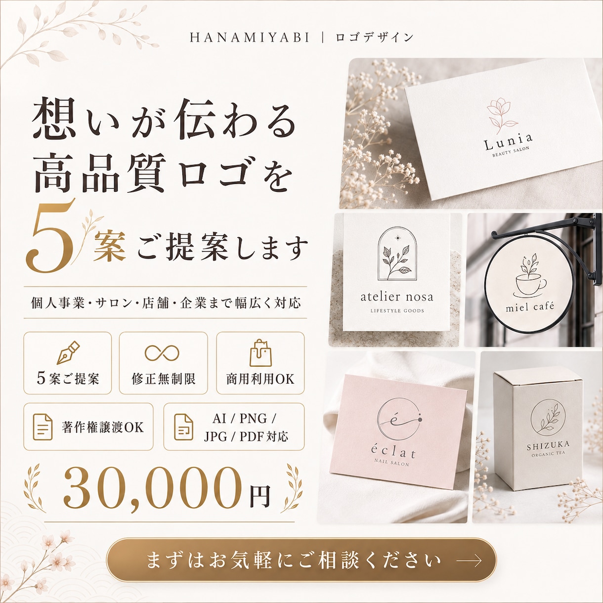 1案で妥協しない。5案から選べるロゴを制作します 初回5案・軽微修正無制限｜商用利用・著作権譲渡OK イメージ1