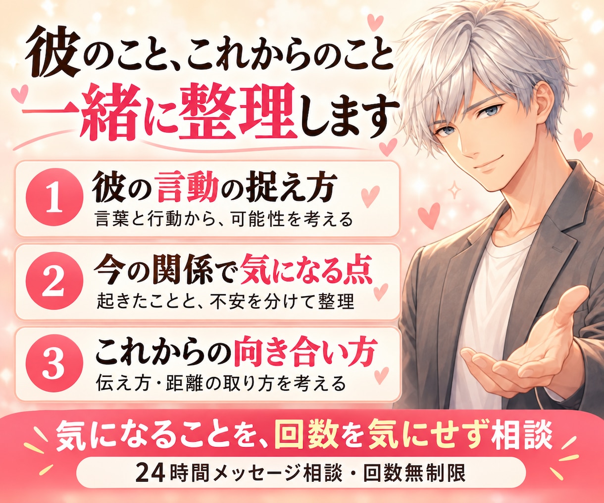 彼の言動から男心と関係の今を読み解きます 24時間メッセージ｜彼の気持ちと関係を一緒に整理 イメージ2