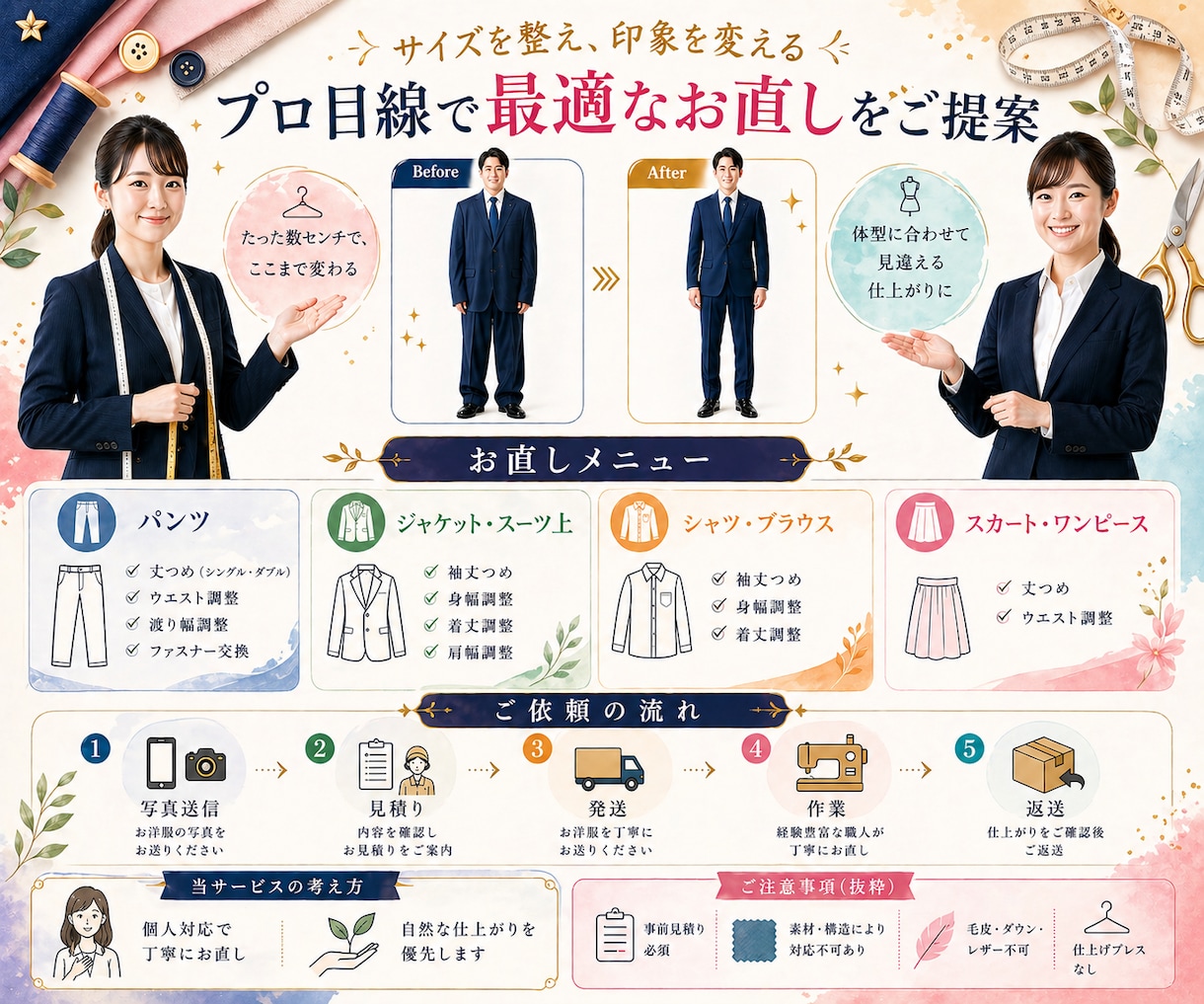 洋服・スーツのお直しを丁寧に行います まずはご相談から。細かな調整も対応 イメージ1