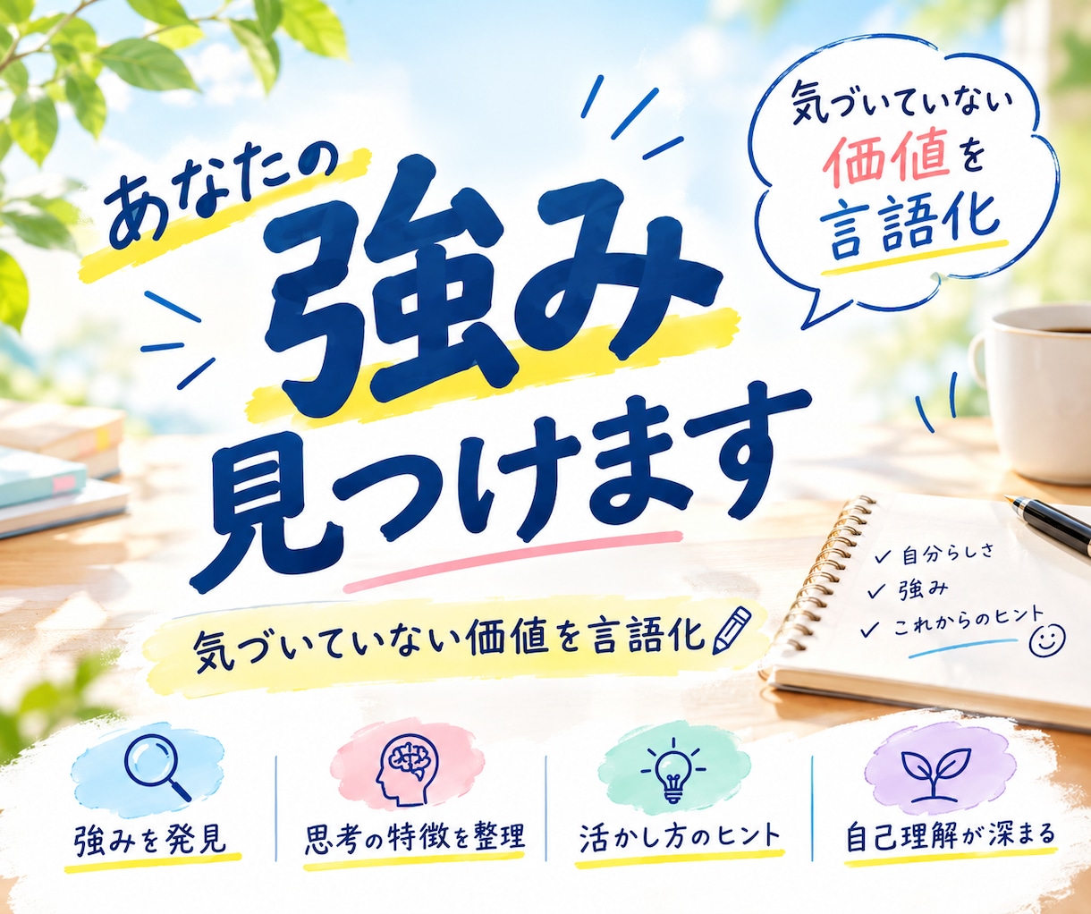 あなたの「当たり前」に隠れた強みを言語化します 見えない価値を見つけ、言葉にします。 イメージ1