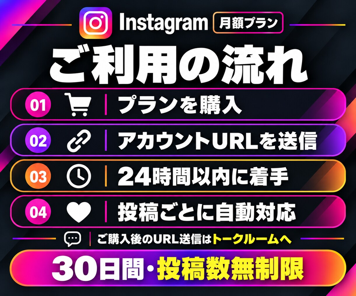 インスタいいね【月額】30日無制限で全て増やします 投稿するだけでいいね増加｜毎回の連絡不要｜宣伝・自動対応 イメージ7