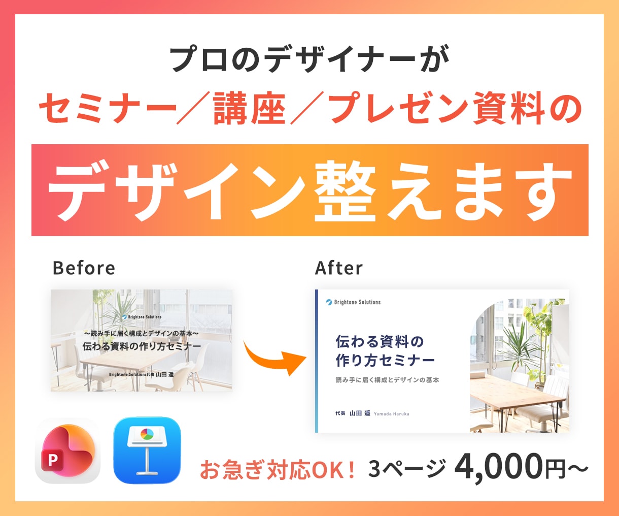 伝わるプレゼン資料にブラッシュアップします 見やすく伝わる綺麗な資料に。デザイナーが丁寧に整えます イメージ1