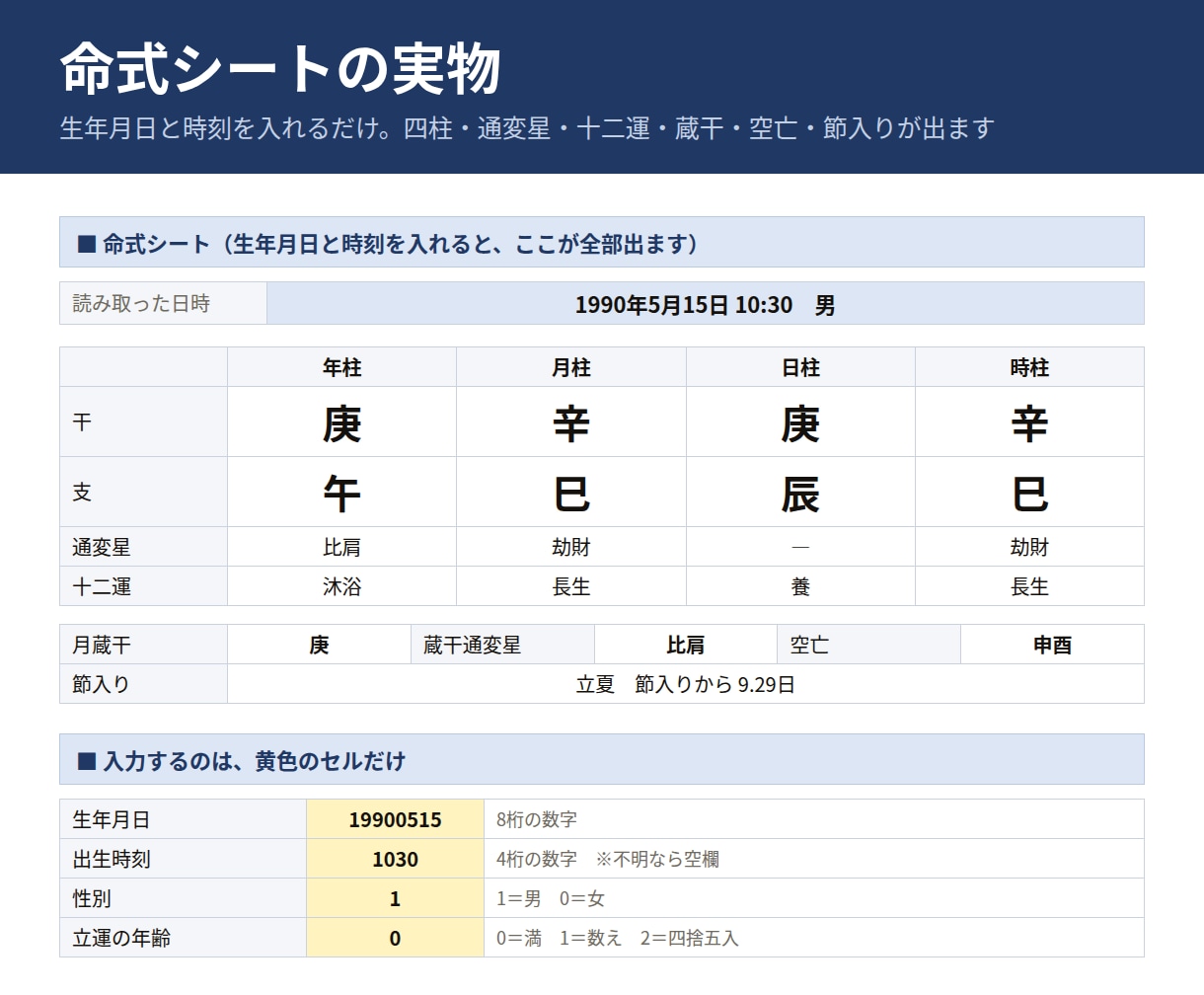 四柱推命の命式・大運・鑑定書をExcelで作ります 体験版が無料。ご自身の命式で確かめてから購入できます イメージ2