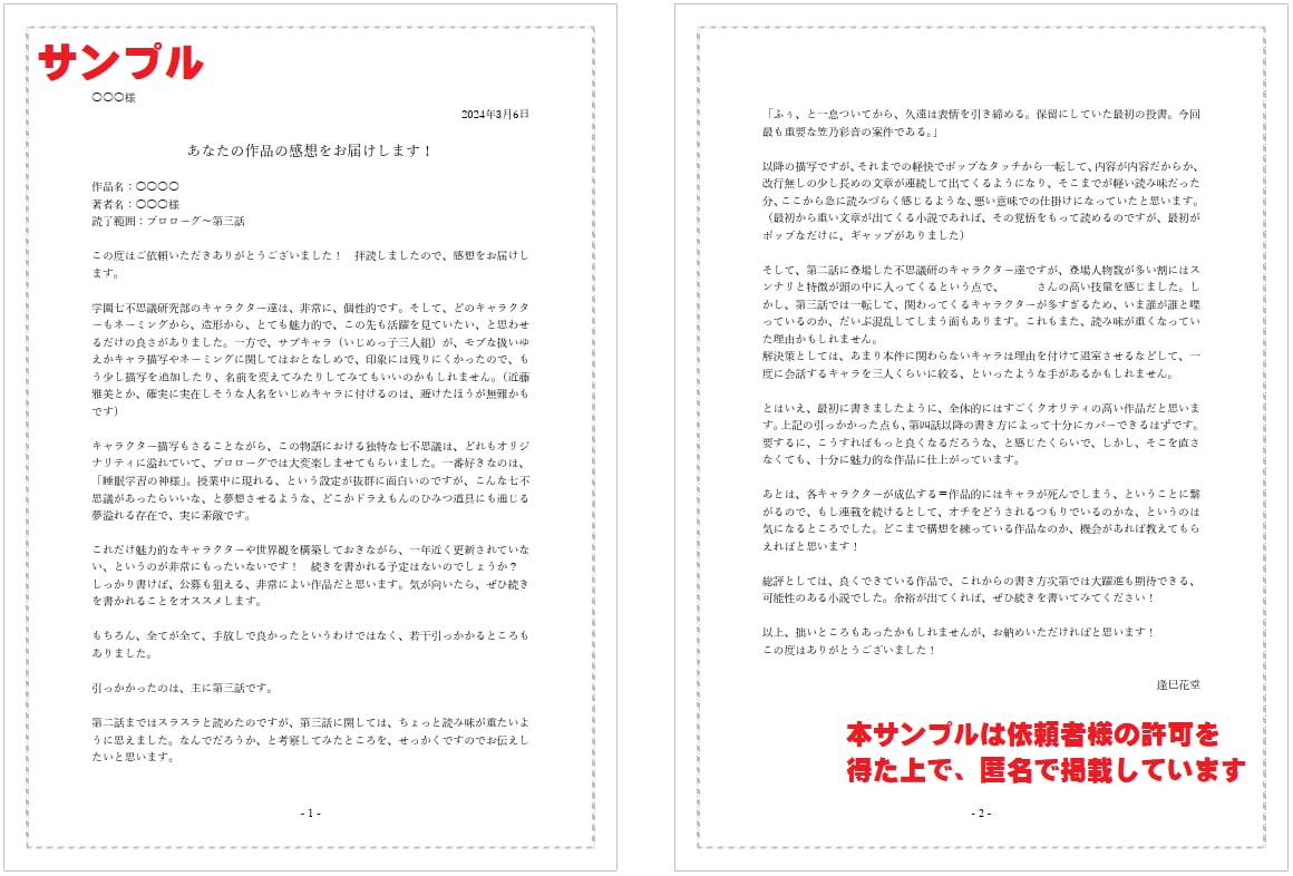 あなたの小説を読んで感想をお届けします 商業出版の実績を持つプロが真心込めて感想をお届けします！ イメージ3