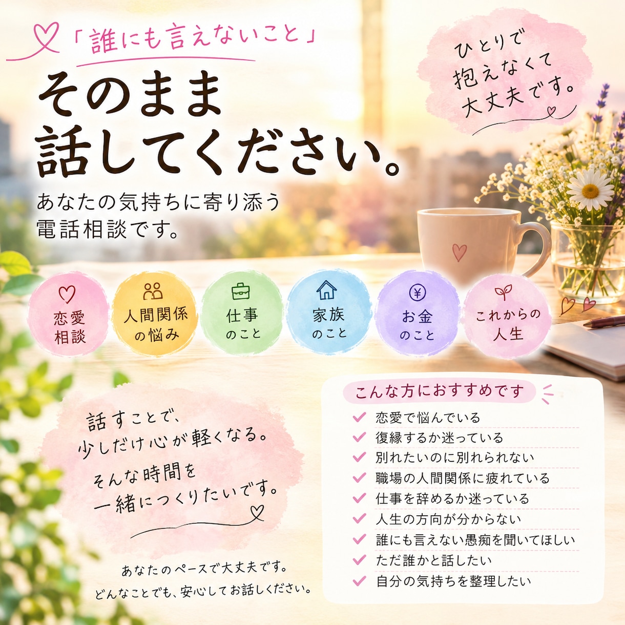 心の中にずっと溜めていること全部聴きます 「こんなこと話していいの？」と思うことも話してみてください。 イメージ1