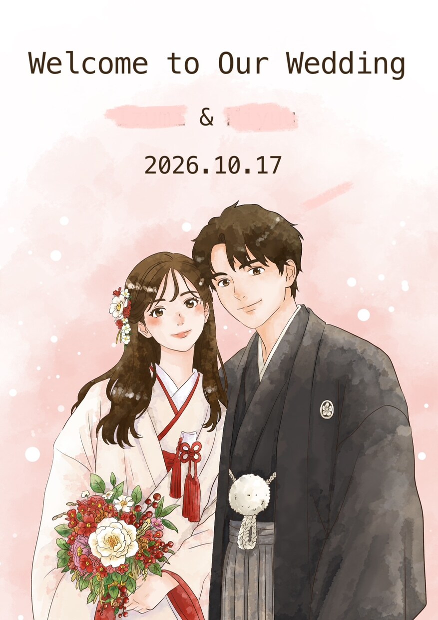 結婚式用のウェルカムボードを描きます 漫画風にデフォルメしたお2人を描いたウェルカムボードを作成 イメージ1