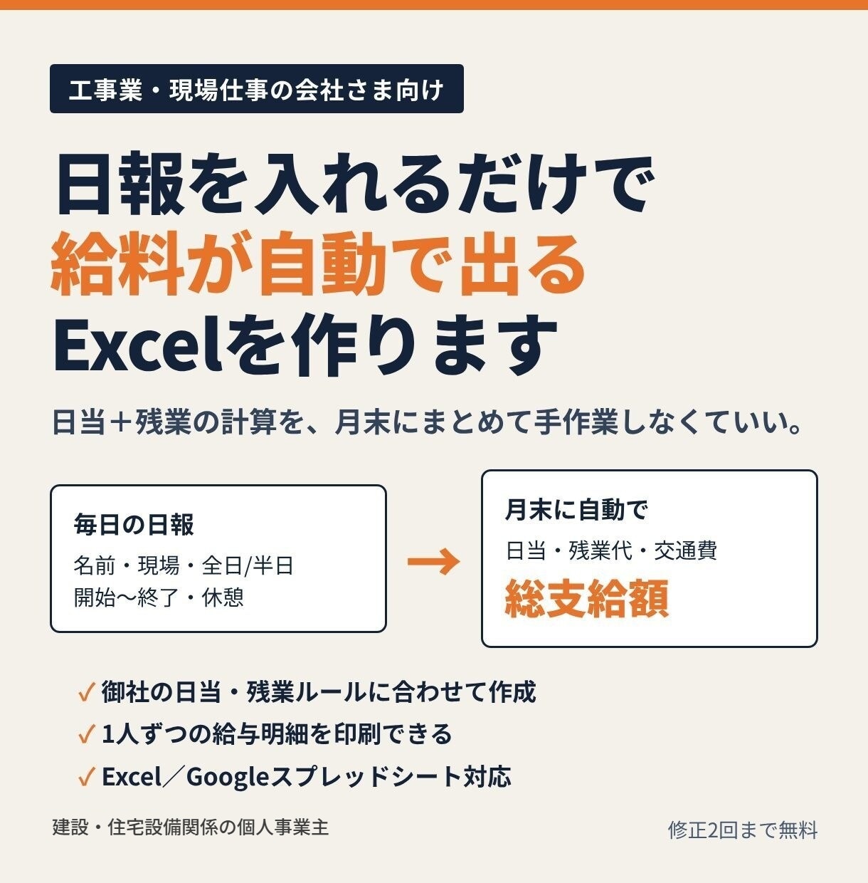 日報を入れるだけで給料が出るExcel作ります 日当・残業・交通費に対応｜Googleスプレッドシートも可 イメージ1