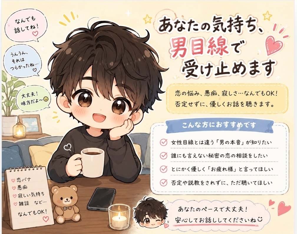 優しくお話聴きます。否定せずあなたの味方になります 誰にも言えない愚痴、寂しい夜の話し相手…2分だけでも大歓迎 イメージ1