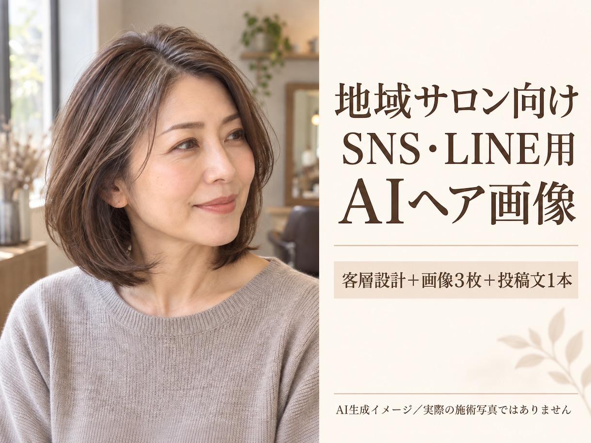 地域サロン向けSNS用AIヘア画像を作ります 現役店長が客層を設計し画像3枚と投稿文を制作 イメージ1