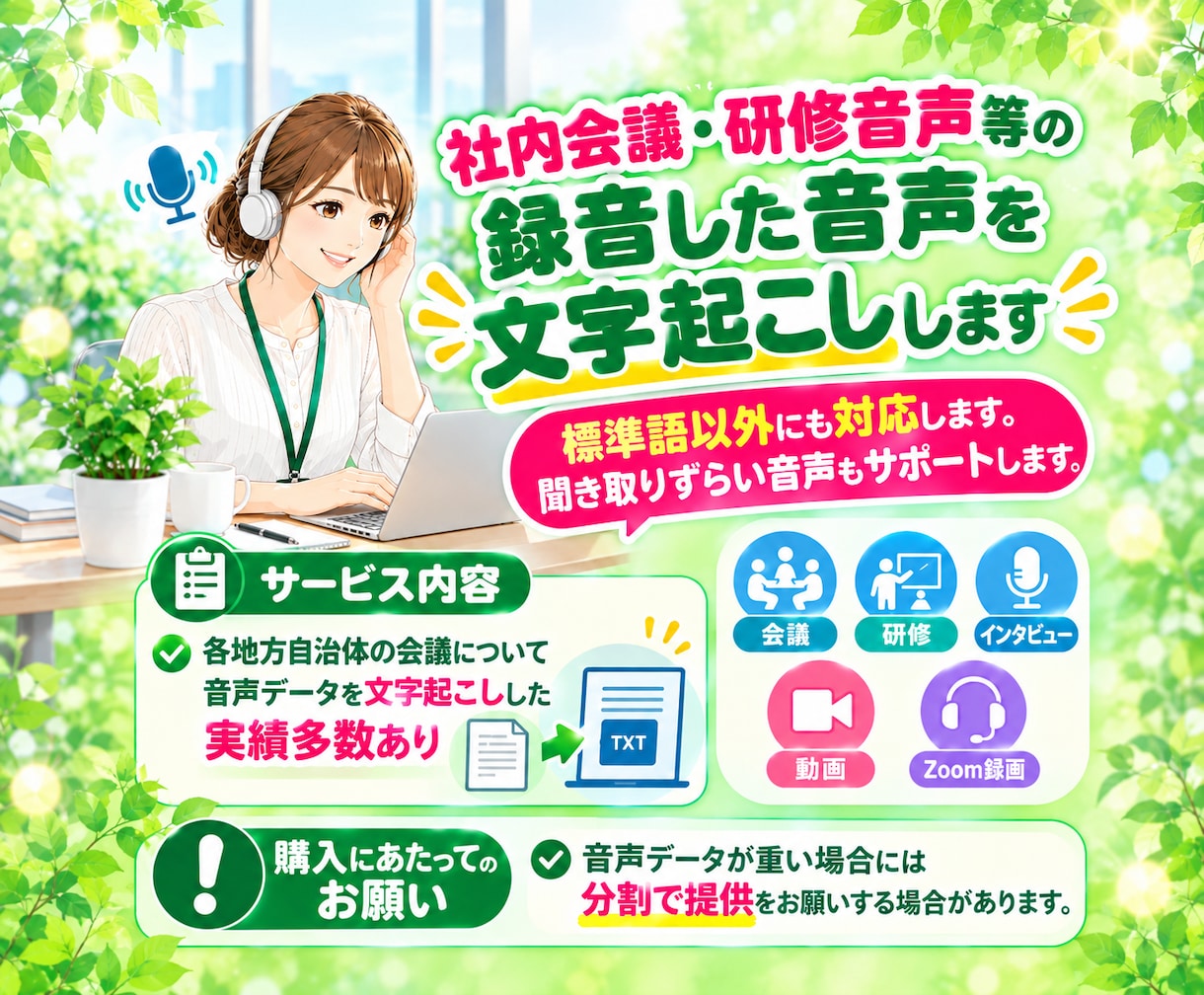 社内会議、研修音声等の録音した音声を文字起こします 標準語以外にも対応します。聞き取りずらい音声もサポートします イメージ1
