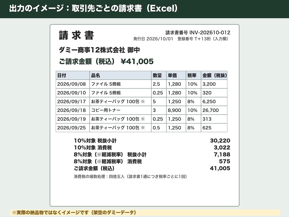 売上表から取引先別の請求書を自動作成します 30社まで一括作成｜端数処理を選べます｜納期4日 イメージ2